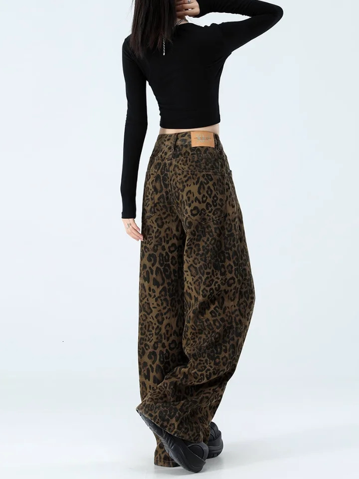 Brown Leopard Jeans Women Denim Pants Female Oversize Wide Leg Trousers Streetwear Hip Hop Vintage Clothes Loose Casual 250320