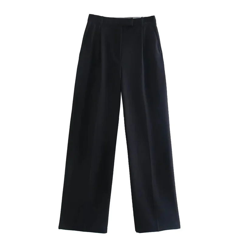 TRAF 2024 Womens Pants Beige Grey Black Wide Leg High Waist Pocket Fashion Summer Office 250320