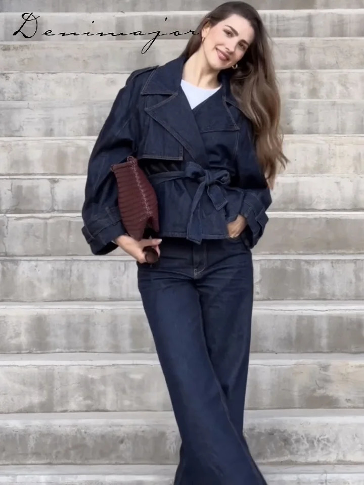 Retro denim jacket denim suit womens notch with long sleeved jacket straight leg mens spring streetwear 250320