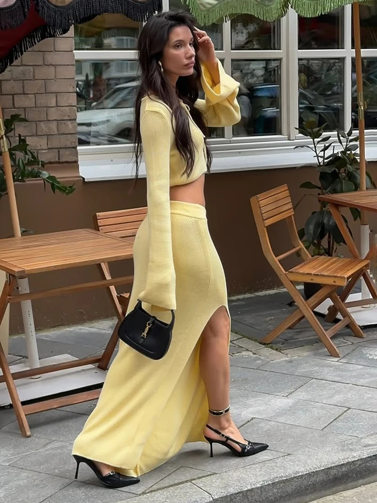 TARUXY Fashion Knitted Cardigan Skirt Suit Female Lace Up Full Sleeve Top High Slit Long Skirt Summer Womens Elegant Dress Sets 250317