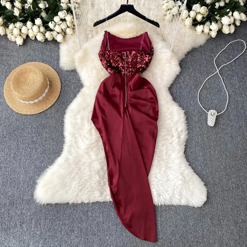 Fashion sequin asymmetrical strapless dress sleeveless Korean fashion vest womens retro summer hip wrap w250320