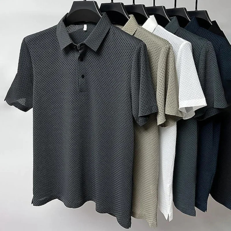 High-end Fabric Fashion Casual Mesh Ice Silk Short Sleeve Lapel T-shirt Mens Summer Solid Color Comfortable Knit Polo Shirt 250320