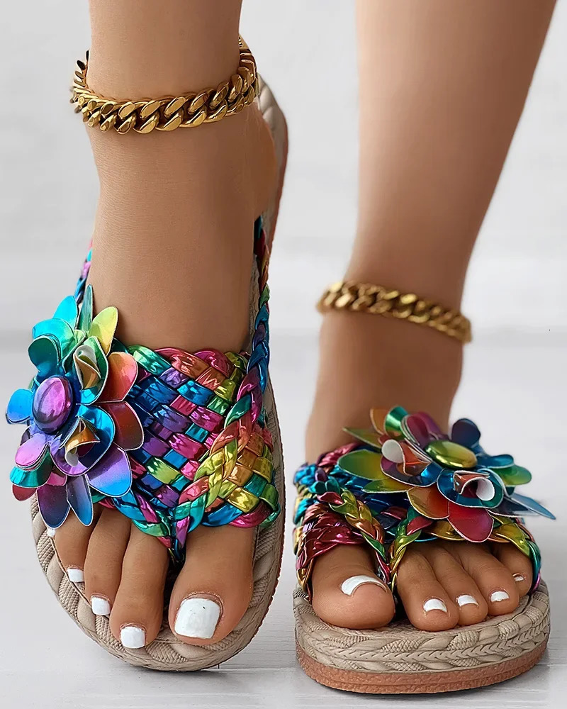 Womens fashionable casual shoes for vacation holographic woven flower pattern shoe pillars beach flip cover 250321BJ - view 7