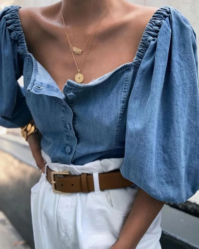 Retro womens button denim shirt casual shoulder half lantern sleeve loose floral top 250317