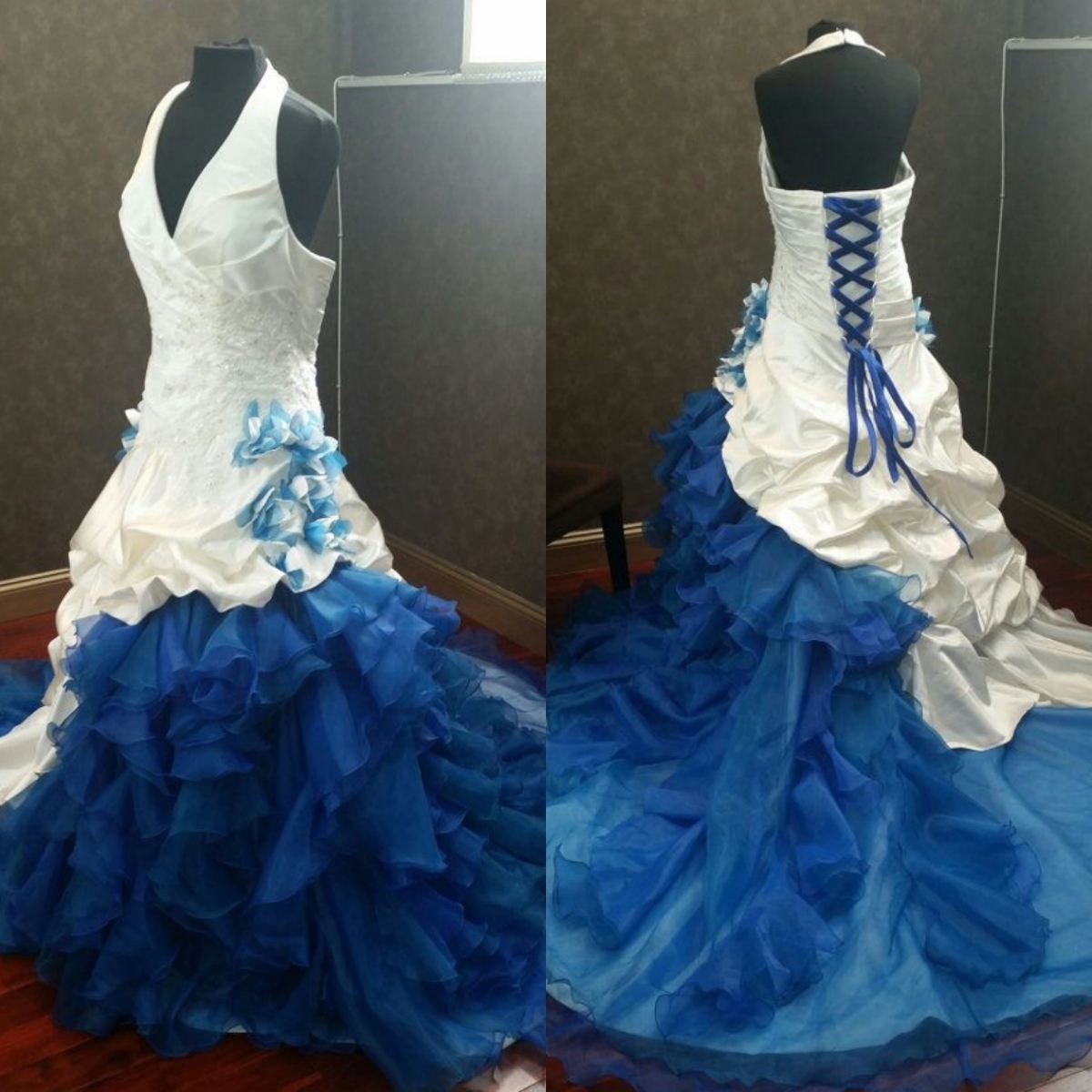 Vintage Victorian Ruched Wedding Dresses White And Blue Ruffle Long A-Line Bridal Gown Halter Backless Elegant Bride Dress 2025 Plus Size Vestido De N