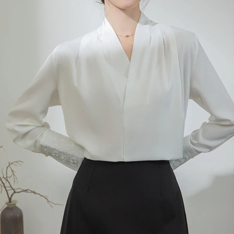 Spring Autumn Chinese Style Womens White Blouse 2025 Embroidery Long Sleeve Cross V-neck Casual Office Lady Shirt Female 250320