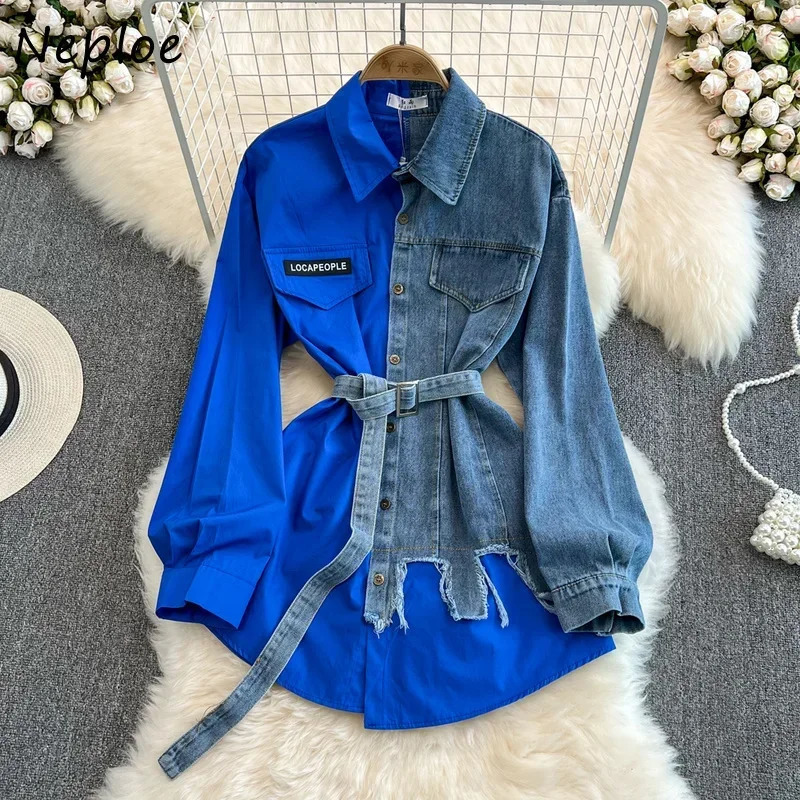 Neploe Retro Hong Kong style denim shirt with collar long sleeves slim fit waist contrasting color shirt casual mid length blue with belt 250317