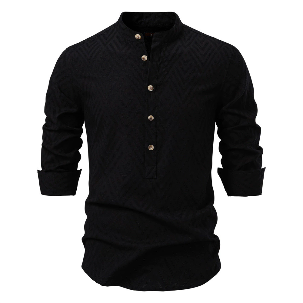 Spring Summer Pullover Shirts Collar Shirt Men's Solid Color Jacquard Casual Long Sleeve Shirts EUR Size XXL White Black 60% cotton,40% rayon Top