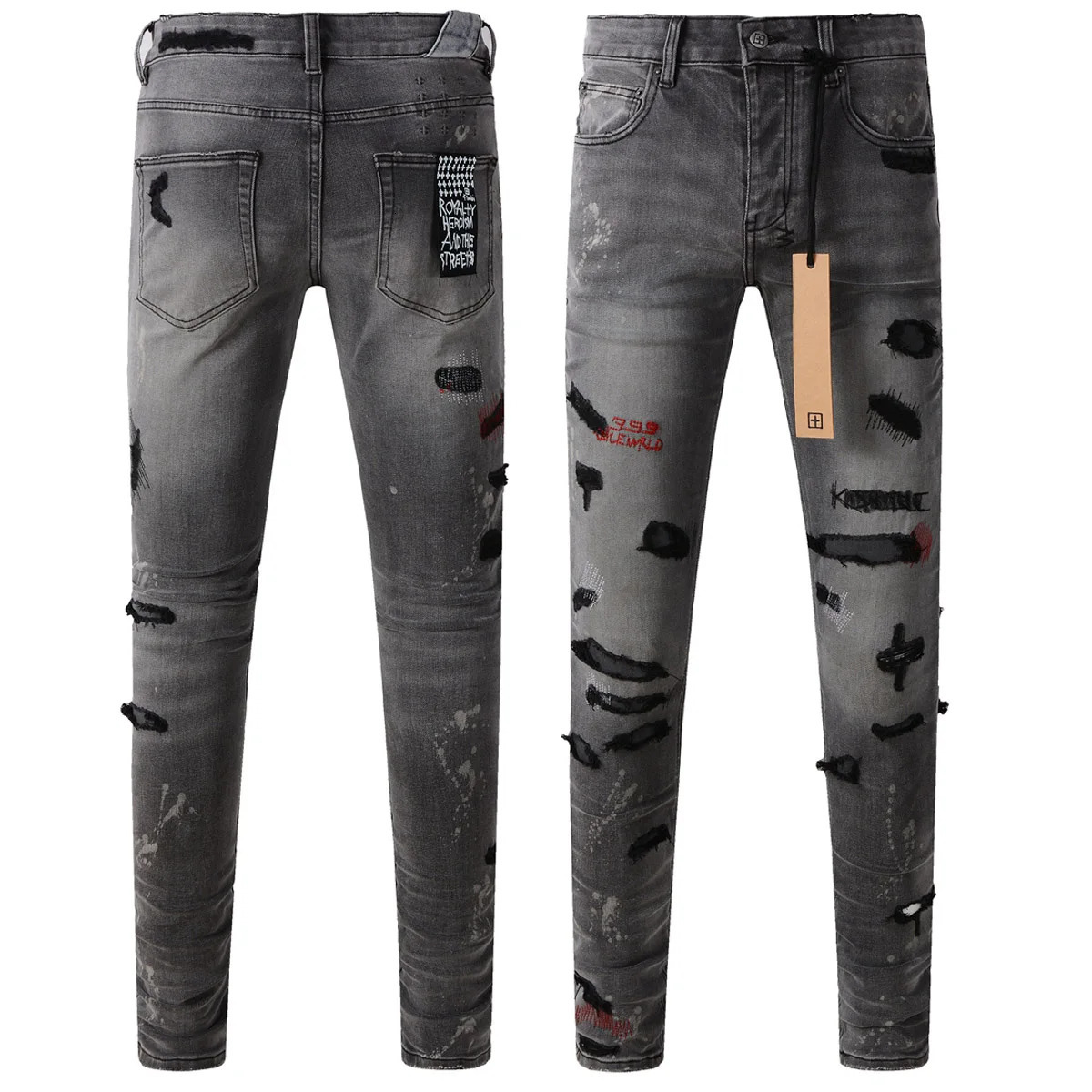 Retro Black Gray Jeans Men Cross Paint Hole Trend Low Rise Skinny Denim Pants Pleated Ripped Frayed Trousers 3014 250320
