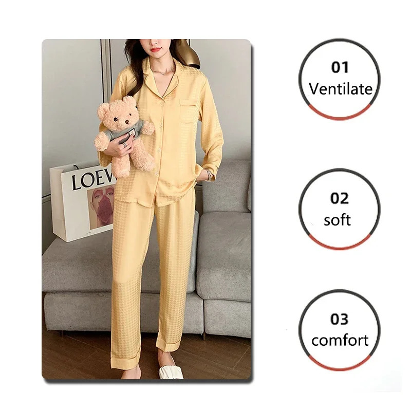 High Quality Women Ice Silk Pajamas Set Two-Piece Suit Girl Sleepwear Button down Tops and Trousers ious Simple Homewear 250320