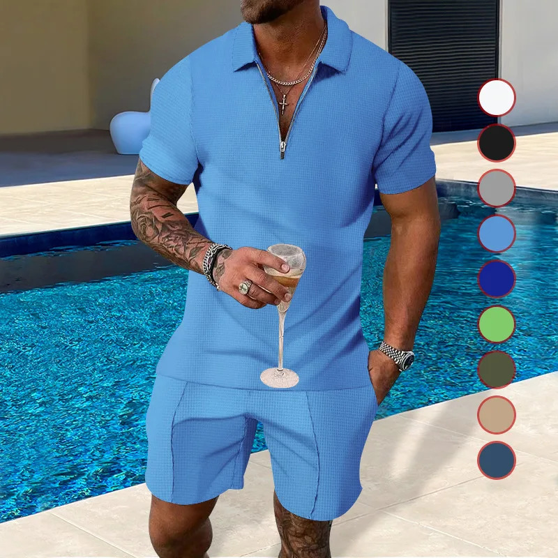 Summer mens light mature casual solid color waffle polo shirt mens half zipper short sleeved set 250318