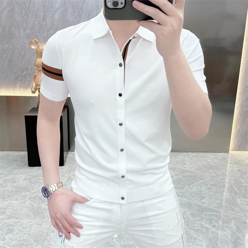 Summer Striped Mens Knitted T-shirt Polo Neck Ice Silk Short Sleeve Mens Casual Business Knitted T-shirt 250320