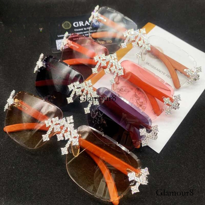 Pass Dia Tester Sier Wooden Legs Colored Lens Moissanite Glasses Iced Out Men Women Cross Style Fashion Sunglasses