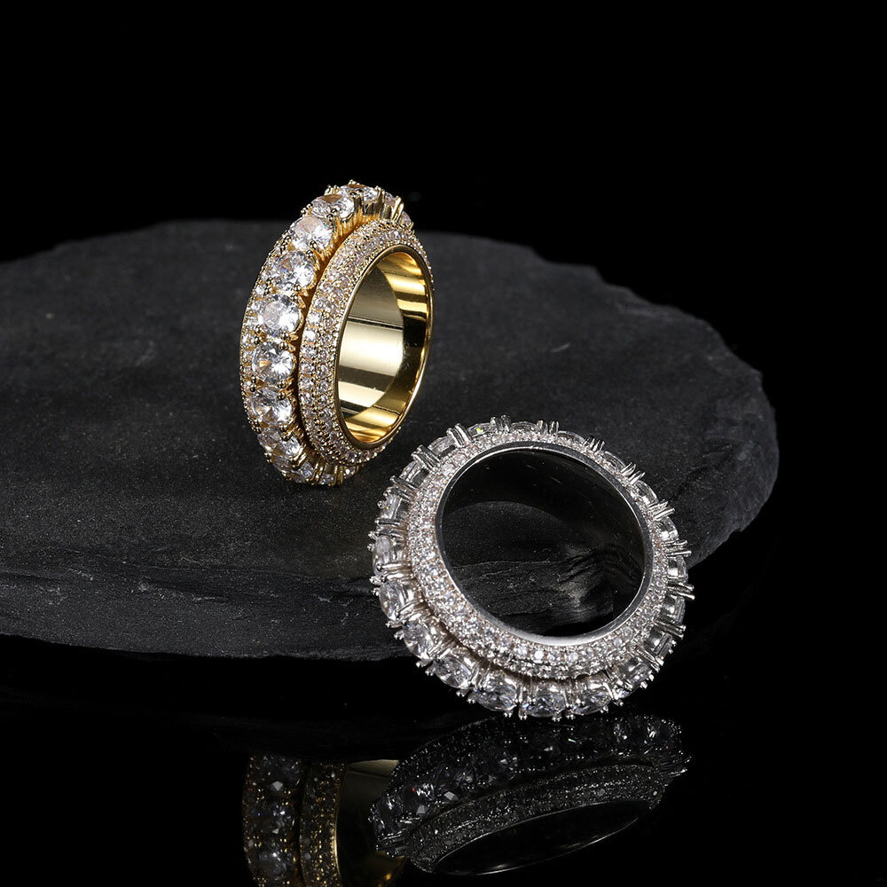 Rotatable Full Bling Iced Out Five Rows Cubic Zircon Engagement Spin Rings Luxury Jewelry for Women Gift Couple Rings