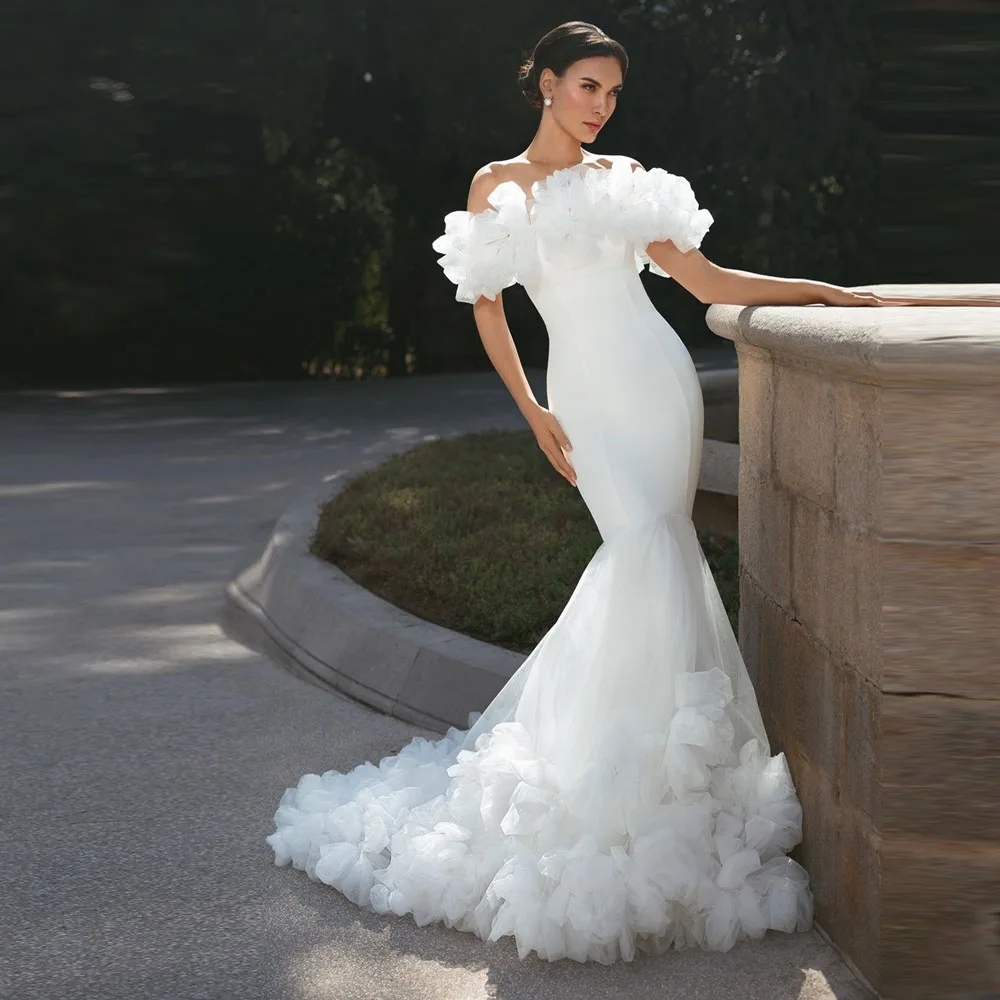 Elegant Flowers Off Shoulder Mermaid Wedding Dresses Satin Long Bridal Gown Court Train White Romantic Floral Bride Dress 2025