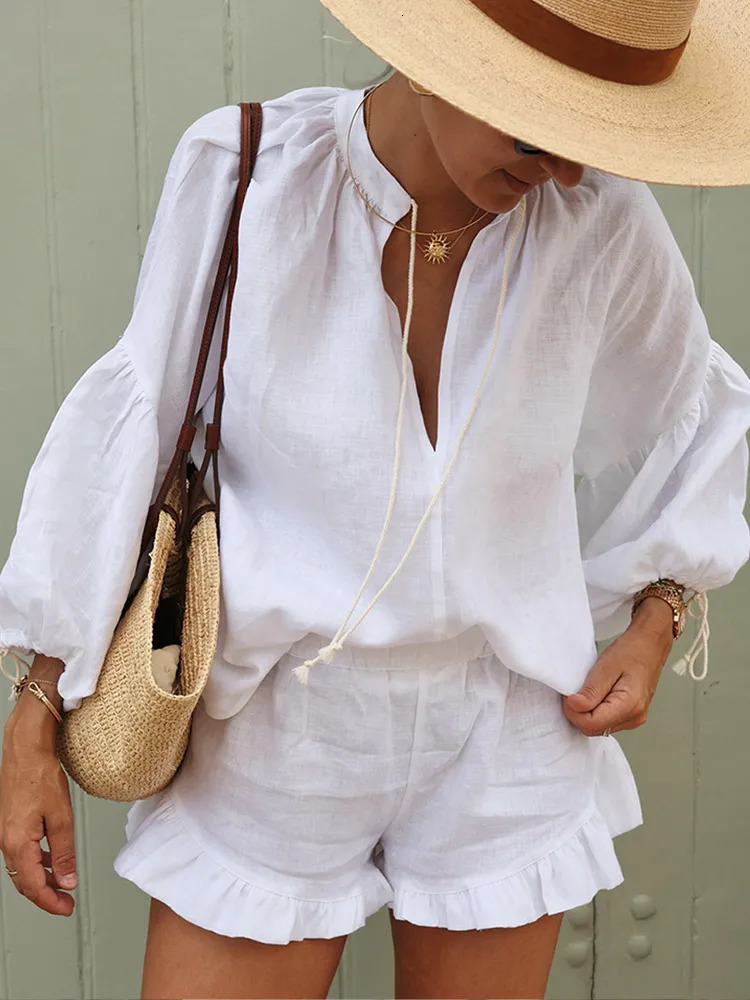 White Loose V Neck Puff Lace Long Sleeve Shirt Suits Women Casual Lace Up Pledted Solid Short Pants Sets Beach Vocation Outfits 250320