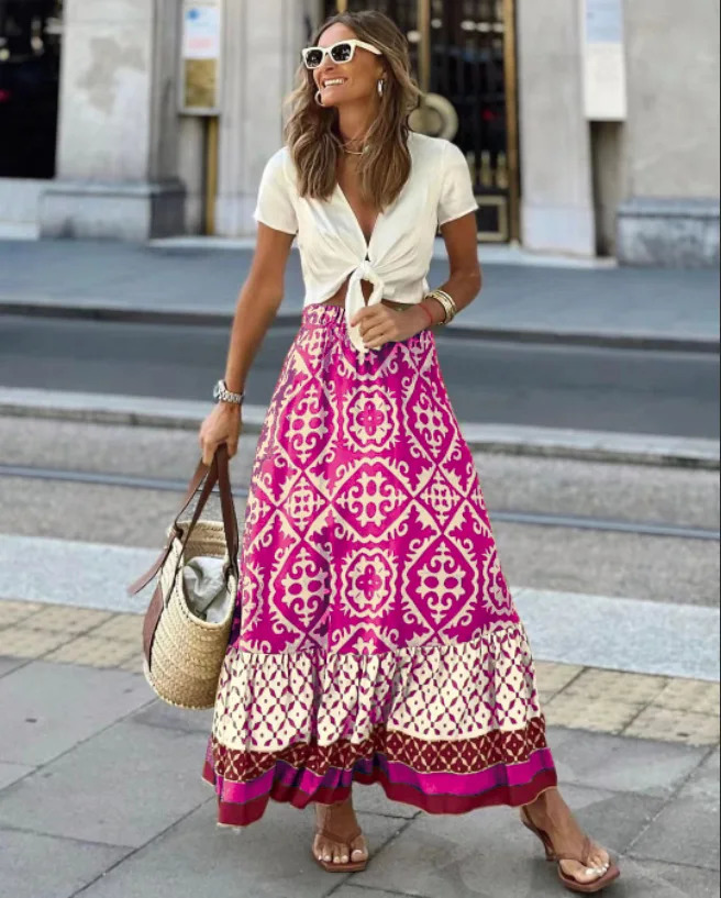 boho print maxi skirt women fashion high waist 3D printting long dress casual loose summer high waist skirts for women 250320