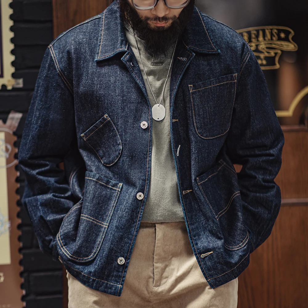 Maden retro 4-pocket 14OZ mens jacket stand up collar denim jacket mens spring jacket version 250318