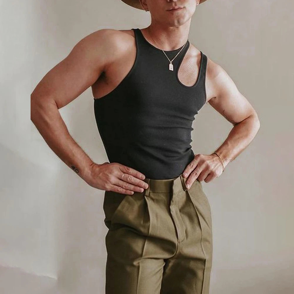 Summer Mens Sports Fitness Vest Sleeveless Vest Speed Dry Sexy Personality Hollow Out Asymmetric Pullover Sports Tank Top 250318