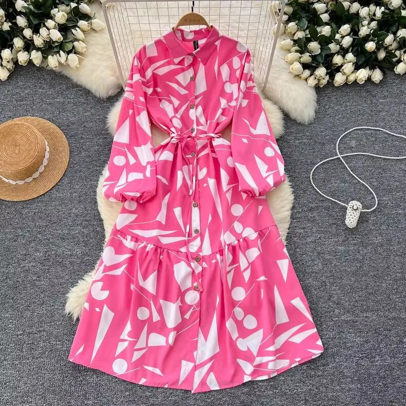 Spring Fashion Long Sleeved Print LaceUp Shirt Dress For Women Turn Down Collar Single Breasted Maxi Femme Robe 250320