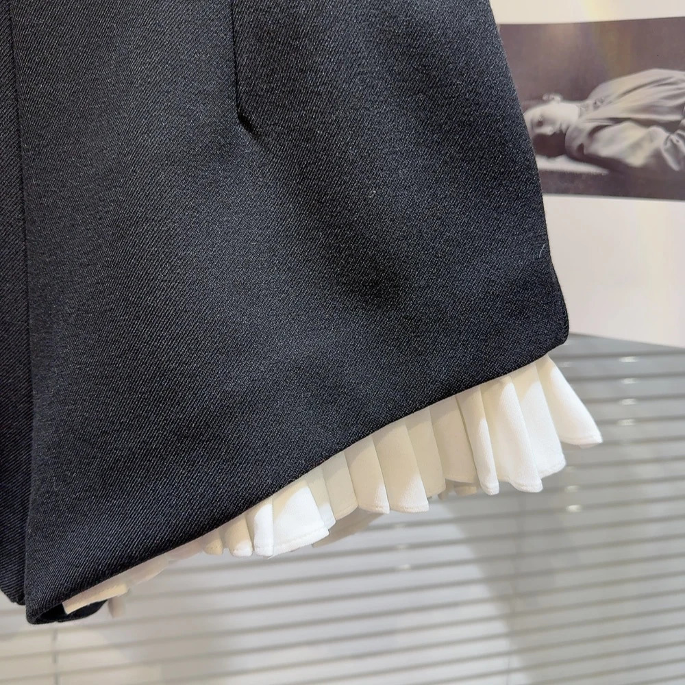 PREPOMP Spring Arrival Rhinestone Metal Buttons Ruched Ruffles Black Shorts Women GP217 250320