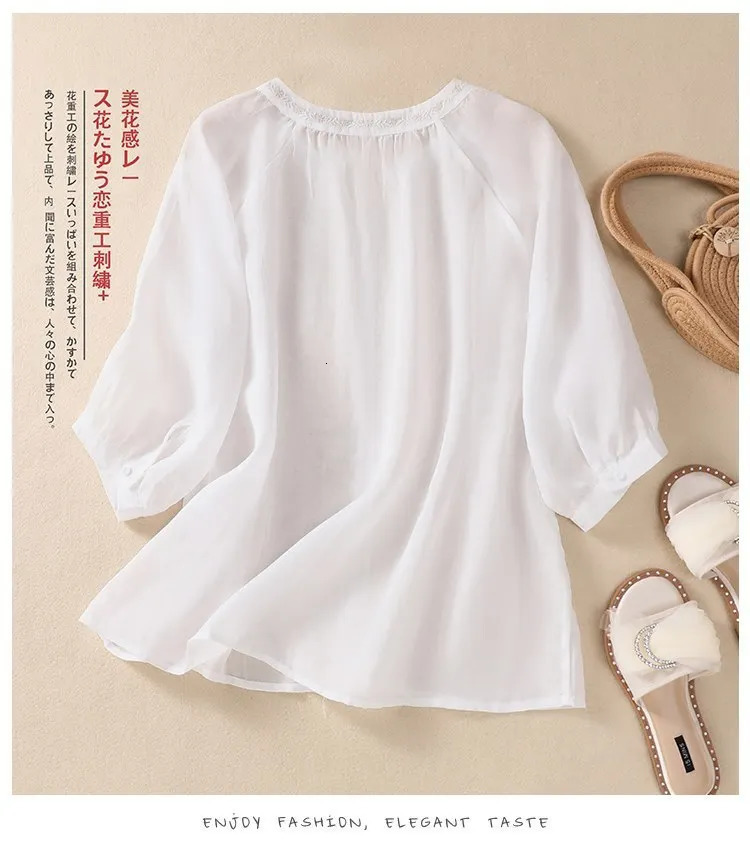 Fashion thin cotton linen Y2k top Tshirt womens summer loose embroidered Blusa casual 250312