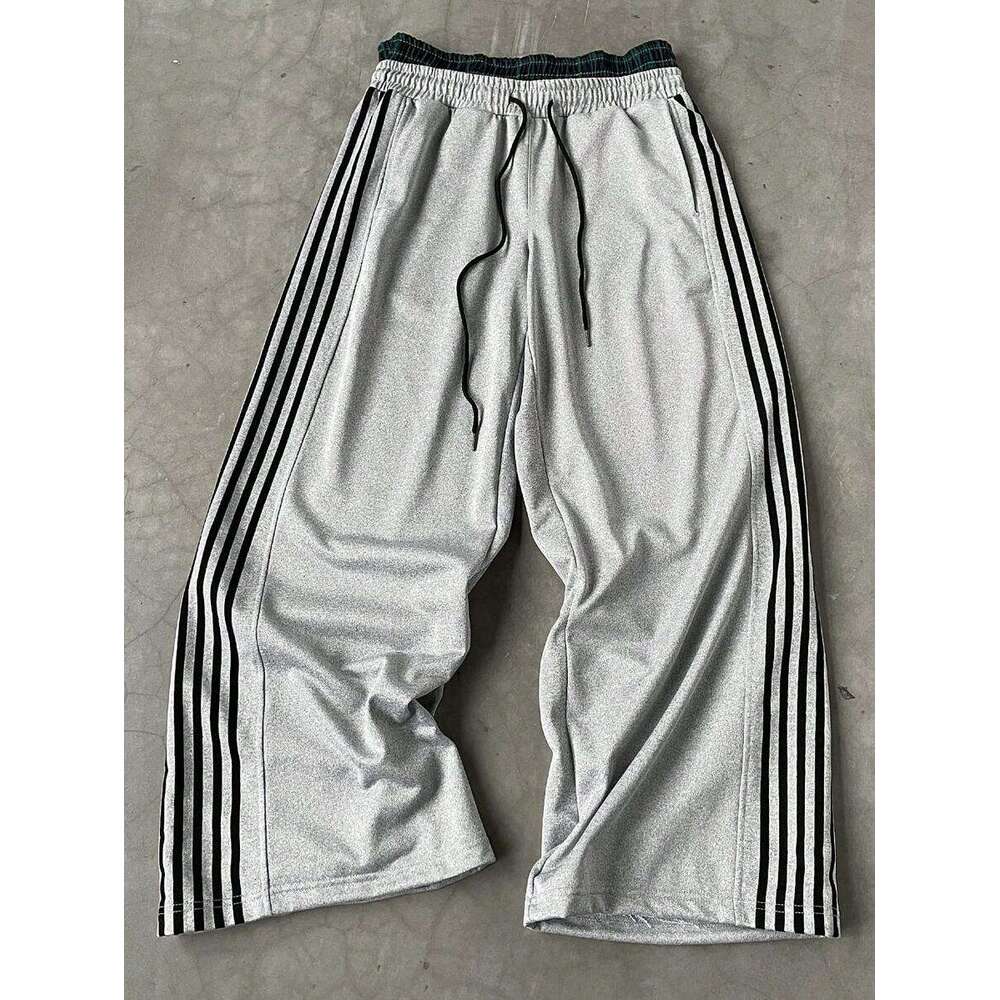 American street style double waisted striped loose straight leg sports casual pants, sweatpants for men and women
