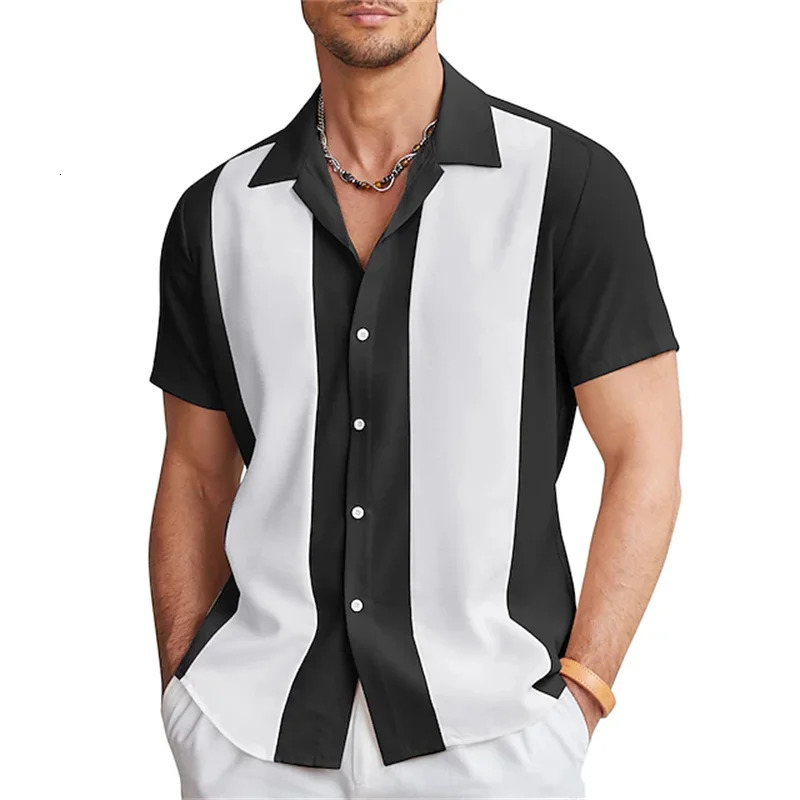 mens shirts Bowling shirts Button shirts Summer casual red short-sleeved color matching lapels Street clothing fashion 250317