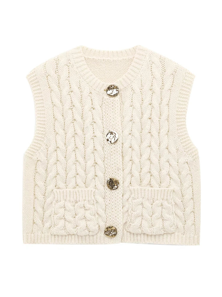 Vintage Women Sequined Buttons Cardigan Fashion Ladies Sleeveless Sweaters for Female Chic Clothes Cute Pockets Tops 250320
