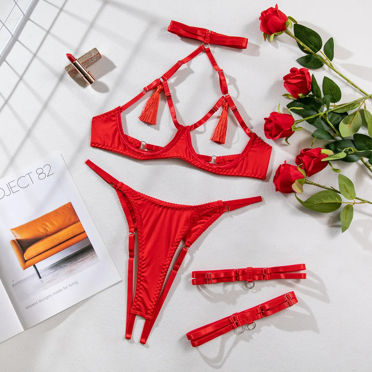 Sexy Hollowed Out Tassels Exotic Apparel Suit Fashion Womens Solid Seductive Opening Underwear Female Intimates Set 250320