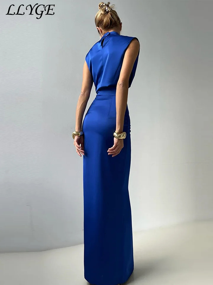 Elegant Crop Top Skirt Set Women Turtleneck Sleeveless Vest High Waist Button Long Skirts 2025 Spring Lady Satin Solid Outfits 250320