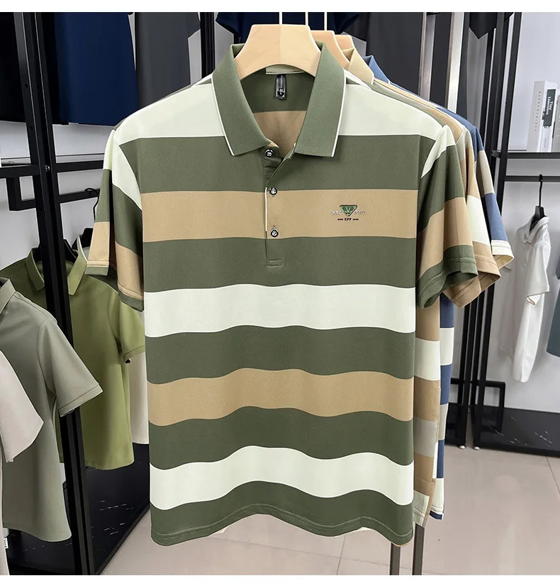 High end short sleeve polo shirt mens 2025 summer trend striped lapel T-shirt casual business Paul mens clothing 250320
