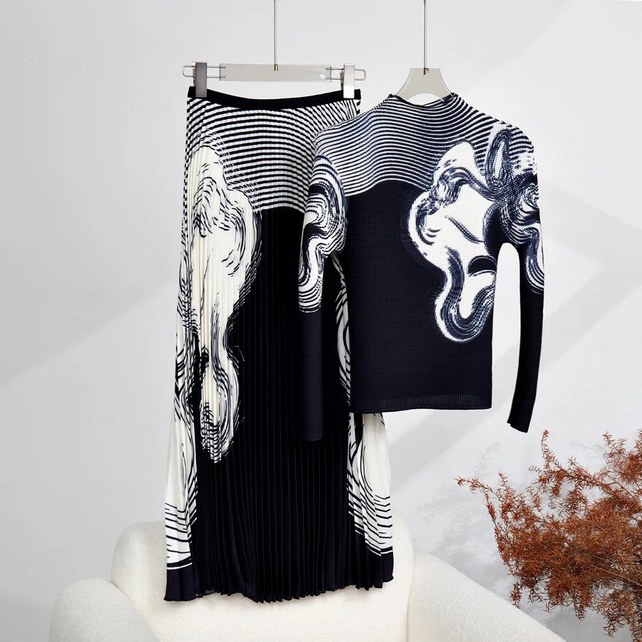 Miyake Runway Two Piece Set Women Flower Print High Stretchy Pullover T-Shirts Pleated Long Skirts Suit Female Outfits 250320