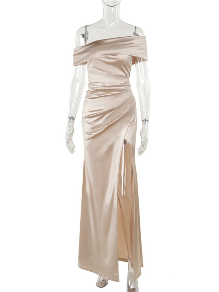 Ladies Autumn Elegant Evening Party Dress Women Satin Sleeveless Backless Side Slit Ruched Maxi Dresses Clubwear Fall Outfits 250320