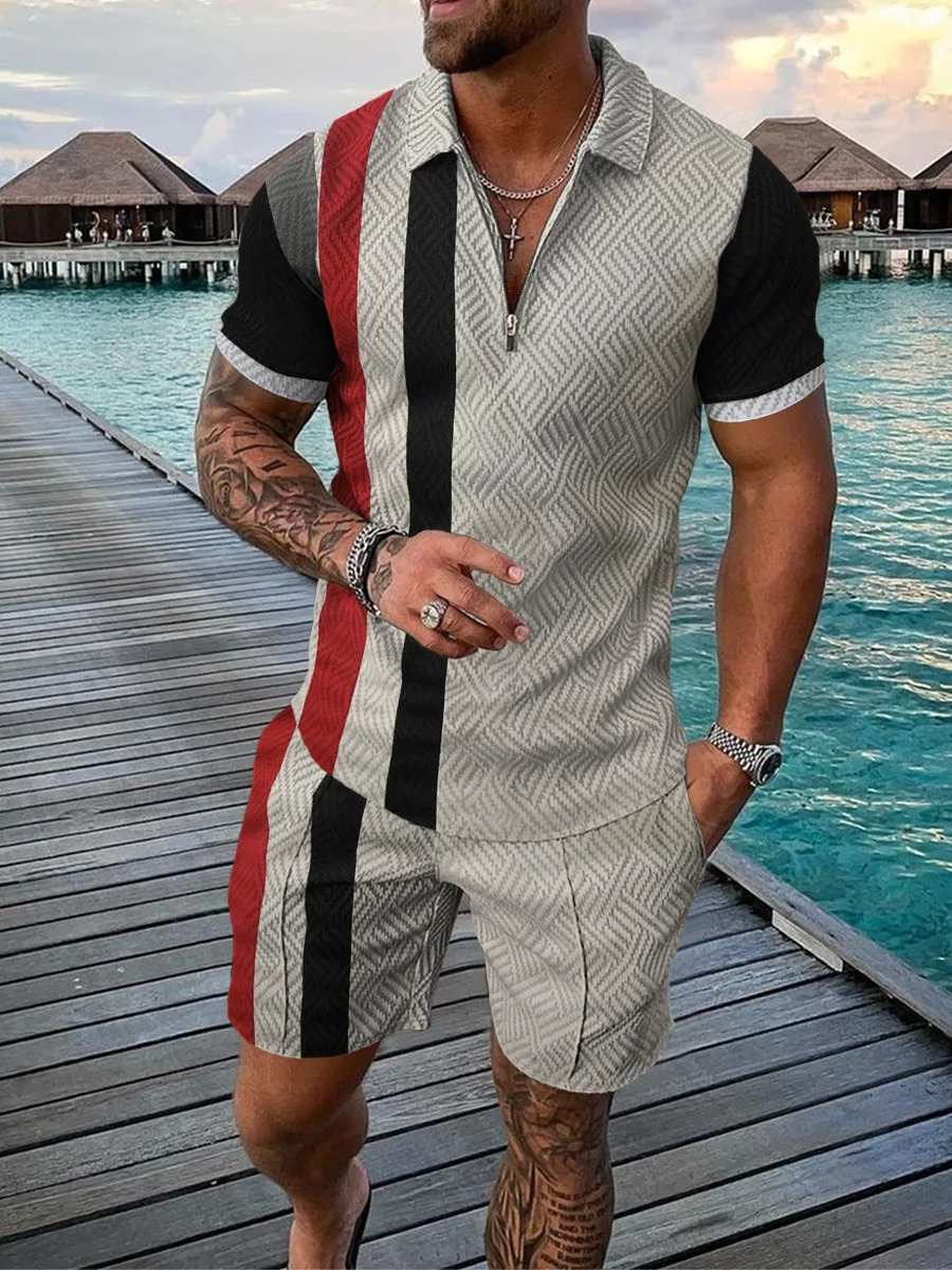 Hawaiian Tracksuit 2-piece set 3D printed zipper polo shirt short sleeved shirt and shorts casual fashion zipper mens 2PCS clothing 250320