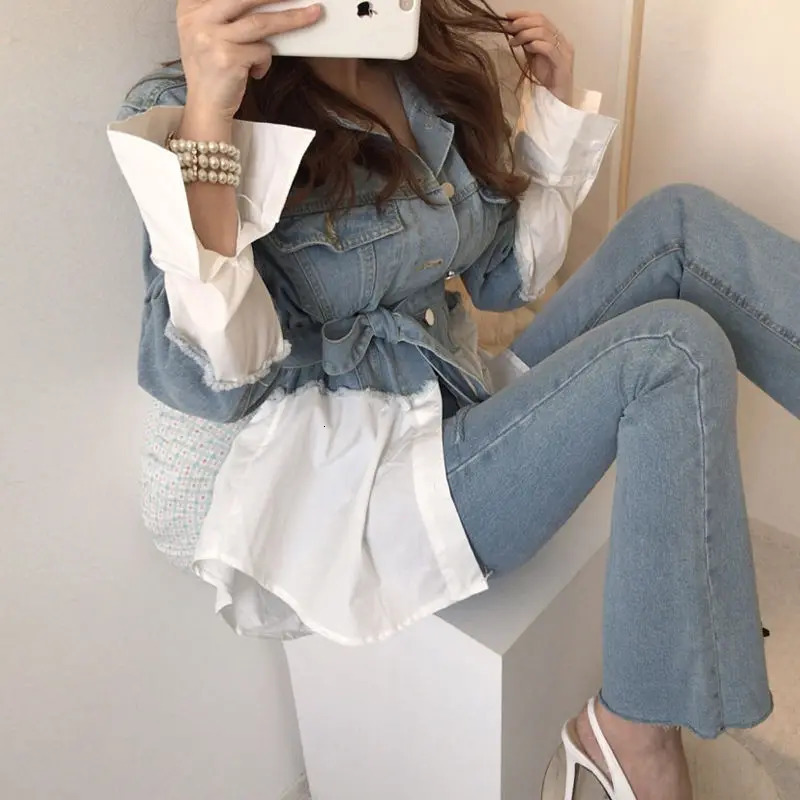 Button splicing long denim top for women spring/summer autumn style OL casual jeans for women wholesale 250317