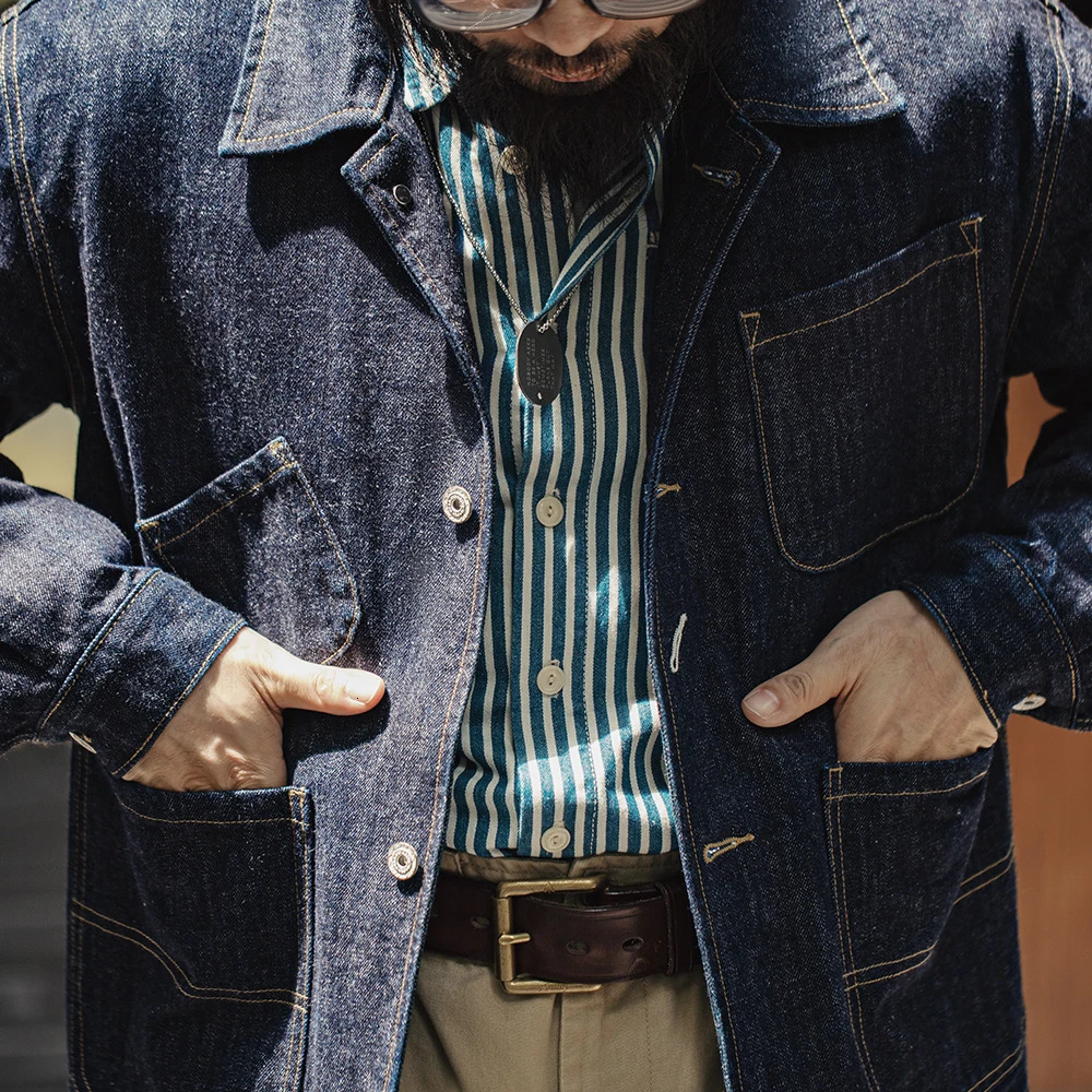 Maden retro 4-pocket 14OZ mens jacket stand up collar denim jacket mens spring jacket version 250318