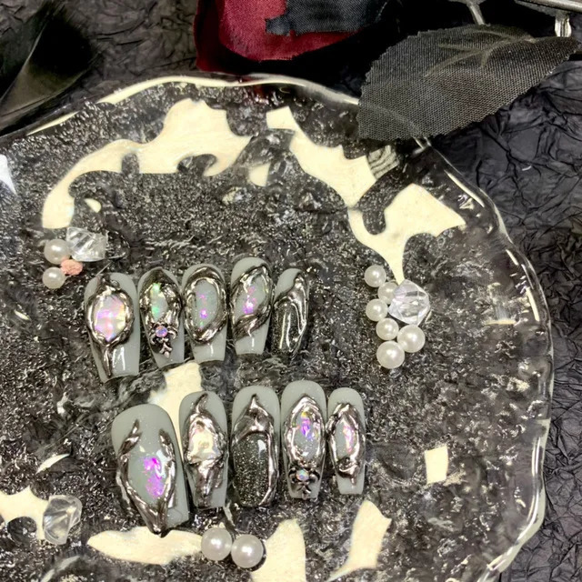 Fake Nails y2k Rainbow Discoloration Effect Handmade Tips Shine Chameleon Flakes Hologram Mirror Manicure Gothic Press on Nails 250319