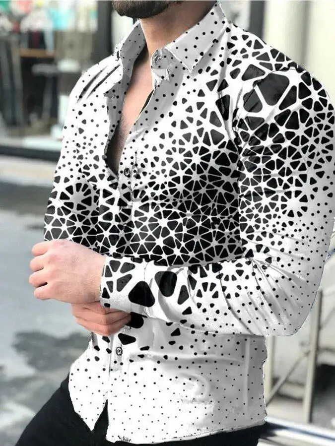 spaper Text Art Fashion Party Evening Dress Collar Button Shirt Casual Printed Long Sleeve Mens Sweater 250320