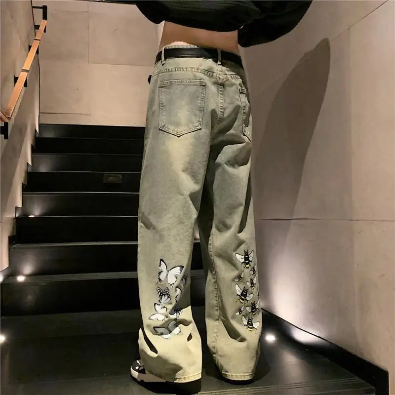 Fashion Butterfly Bee Bag Jeans Mens Hip Hop 90s Retro Grunge Emo Denim Pants Aesthetic Brushing Boys Street Clothing 250320
