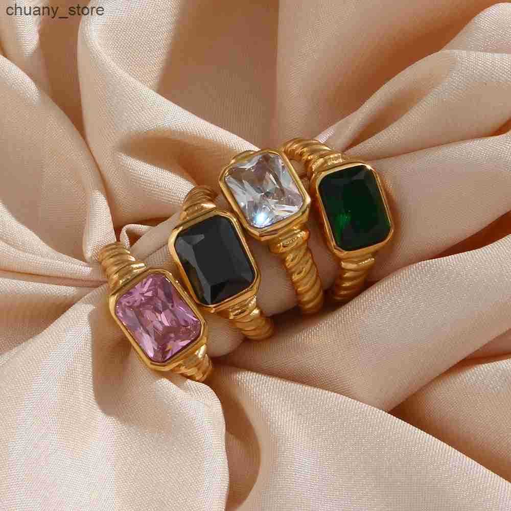 Solitaire Ring EBbelle Christmas Jewelry Texture Engraved Side Rectangle 3A Zircon Stone Rings For Women Stainless Steel Gold Gem Ring 241028 z250321