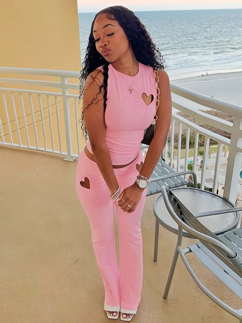 Womens Loving Heart Cut Out Pink Tracksuits 2025 Chic Sleeveless T-shirt Top and Pants 2 Pieces Set Holiday Outfit Streetwear 250320