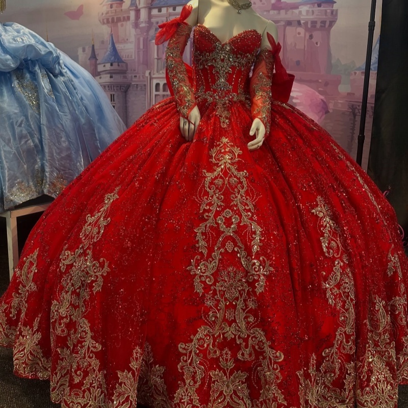 Red Shiny Quinceanera Dresses Off The Shoulder Applique Lace Beading Crystal Bow Tull Mexican Sweet 16 Vestidos De XV 15 Anos