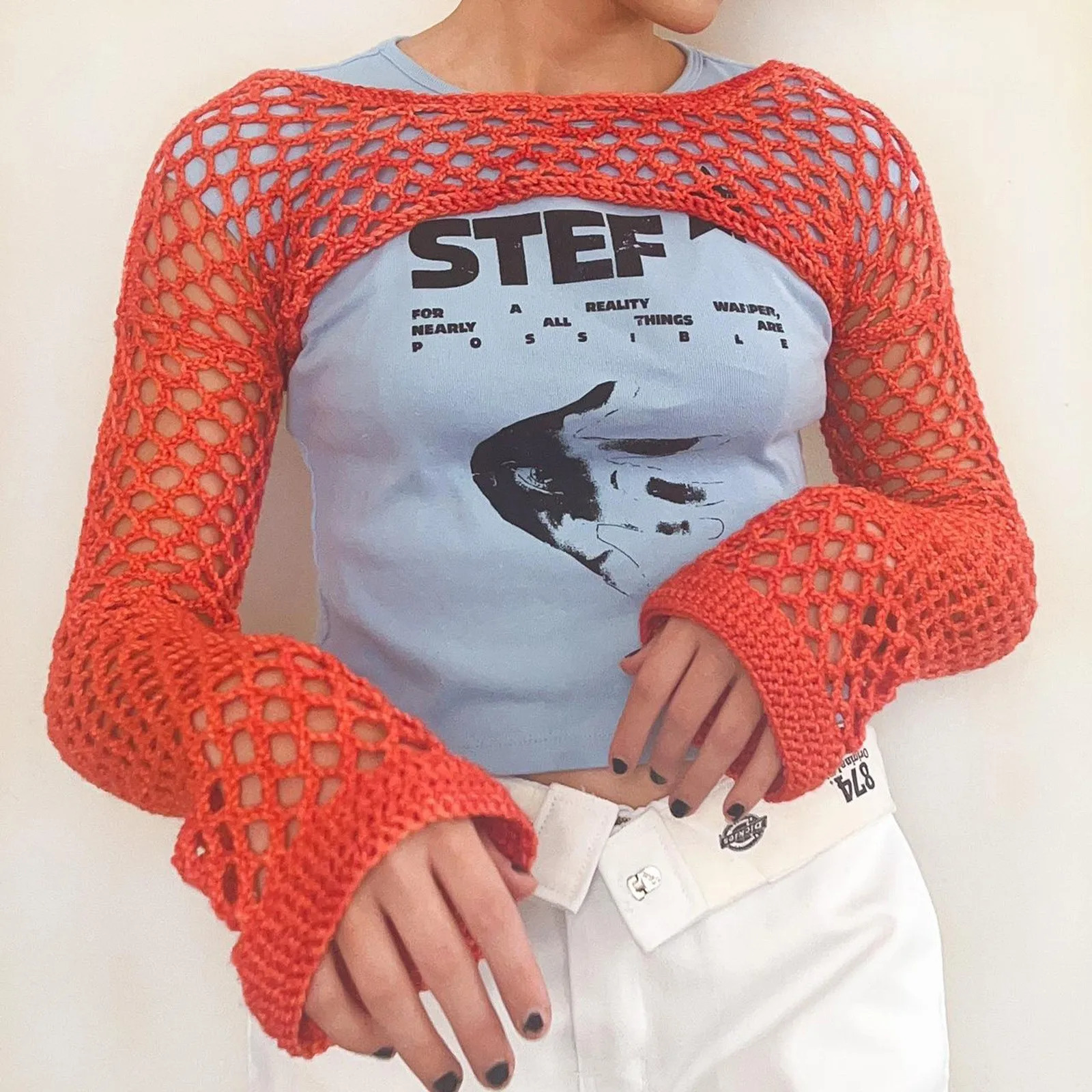Women Big Fishnet Long Sleeve Cropped Sweaters Summer Fashion Lady O-Neck Flare Sleeve Hollow Out Short Knitted Pullovers 250319