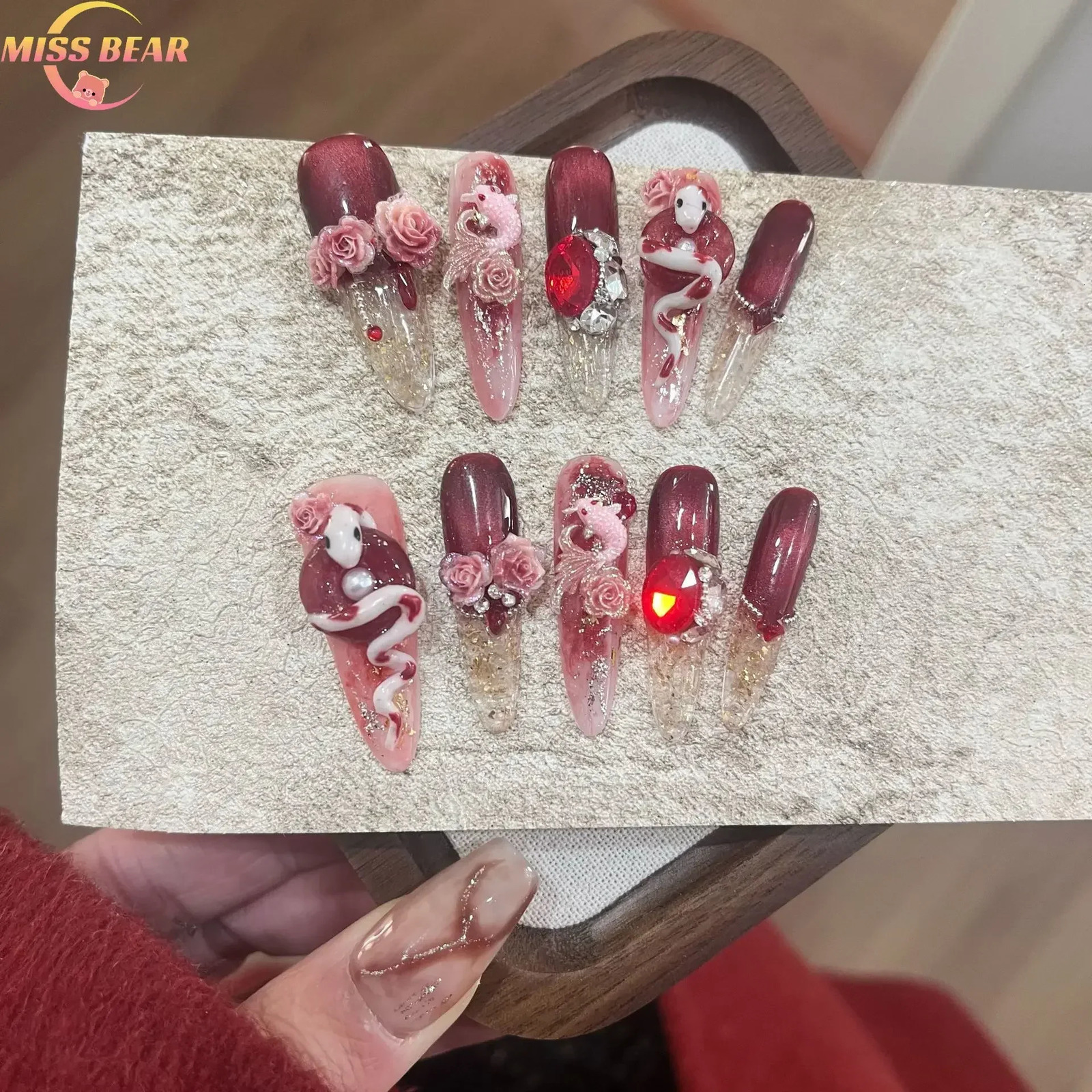 Handmade Beautiful Y2k Press on Nails Years Cat Eye Premium Red with Full Cover Long Coffin Acrylic Nail Tip 250319