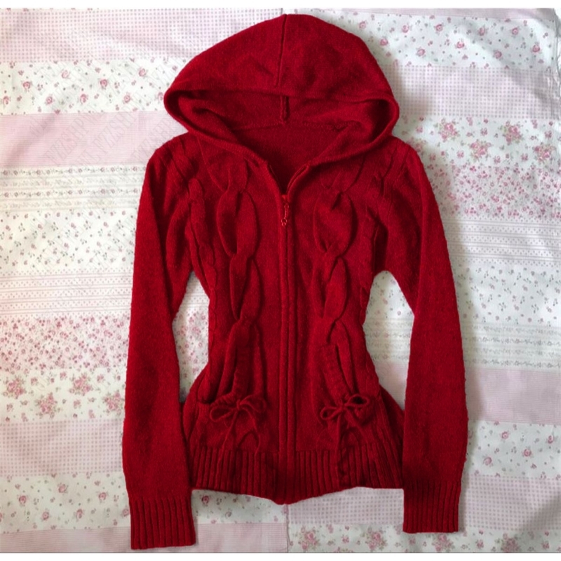 Y2k Streetwear Knitted Zipup Hooded Cardigan Women Long Sleeve Sweater Harajuku Vintage Casual Slimfit Top Coat emo 250225