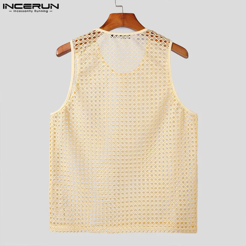 INCERUN Tops American Fashion Mens Vacation Style Hollow Mesh Tank Top Sexy Casual Summer Mens Sleeveless Tank Top S-5XL 250318