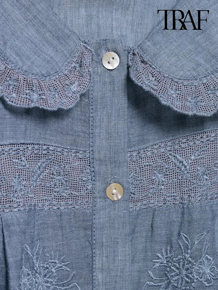 TRAF Womens Fashion Elegant chic flower embroidery splicing shirt Simple solid color doll collar single-breasted casual shirt 250320