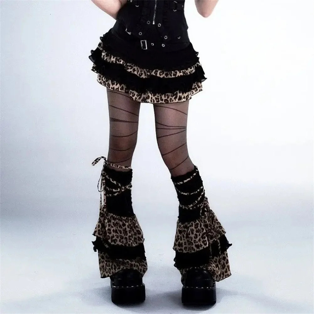 Y2K Leopard Print Ruffle Kawaii Vintage Skirts Goth Black Aesthetic Subculture Short High Waist Punk Cake Fluffy Cute Slim Skirt 250320