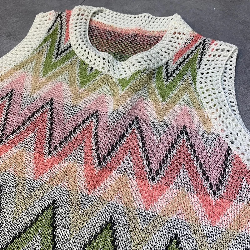 Summer Knitted Mini Dress Womens Rainbow Stripe Dress Womens Sleeveless Hollow Splicing Work Sundress Fashion Casual Robe Women 250320